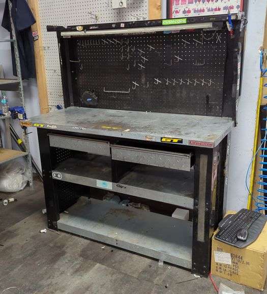 Industrial Metal Workbench with Shelves and Drawers image