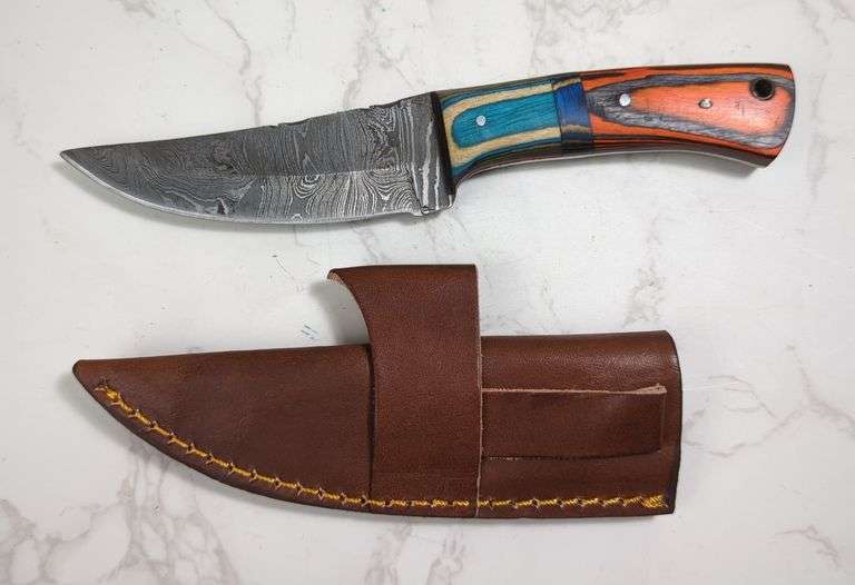 Custom Damascus Fixed Blade Knife, 4" Blade, In Tooled Leather Sheath image