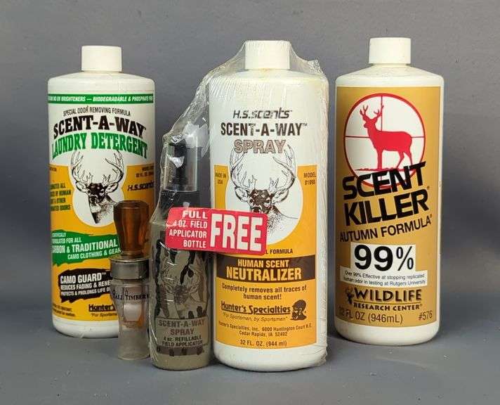Buck Gardner Tall Timber II Hunting Call, Scent-A-Way Human Scent Neutralizer, Scent-A-Way Laundry Detergent, And Wildlife Research Scent Killer image