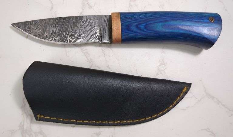 Custom Damascus Fixed Blade Knife, 4" Blade, In Leather Sheath image
