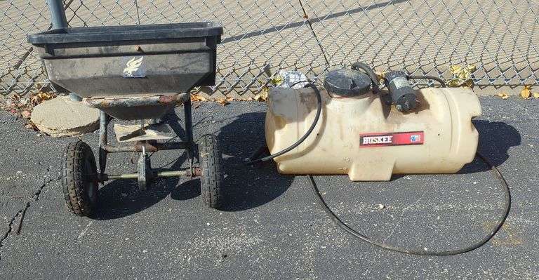 Huskee Sprayer And Blue Hawk 85 Lbs Broadcast Spreader image