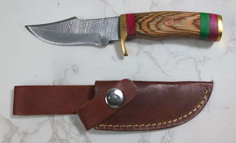 Custom Damascus Fixed Blade Knife, 3" Trailing Point Blade, In Leather Sheath image