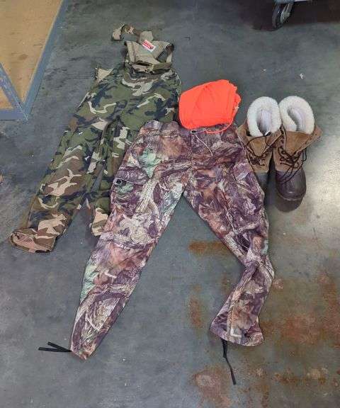 Hunting Apparel Including Winchester Overalls Size 38, Spartan Pants Size Large, Safety Jacket, And Sorel Steel Shank Boots Size 10, Jacket's Lining Is Crumbling image