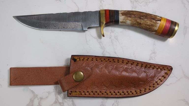 Custom Damascus Fixed Blade Knife, 5.5" Blade, In Tooled Leather Sheath image