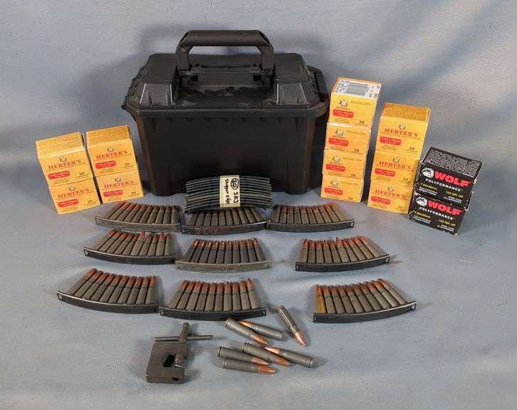 7.62x39 Ammo, Includes Herter's, Wolf, And More, Approx 357 Rds, Stripper Clips, And SKS Sight Tool, In Flambeau Ammo Can, Local Pickup Only image