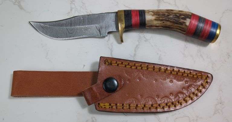 Custom Damascus Fixed Blade Knife, 4" Trailing Point Blade, In Tooled Leather Sheath image