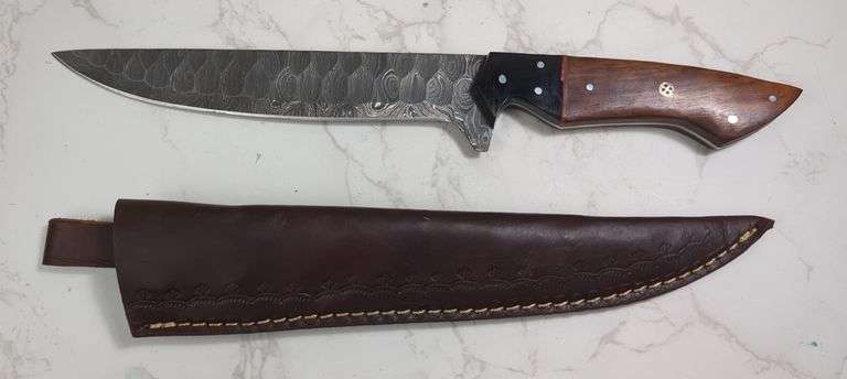 Custom Damascus Fixed Blade Knife, 7" Straight Back Blade, In Tooled Leather Sheath image