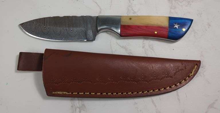 Custom Damascus Fixed Blade Knife, 3.5" Blade, In Tooled Leather Sheath image