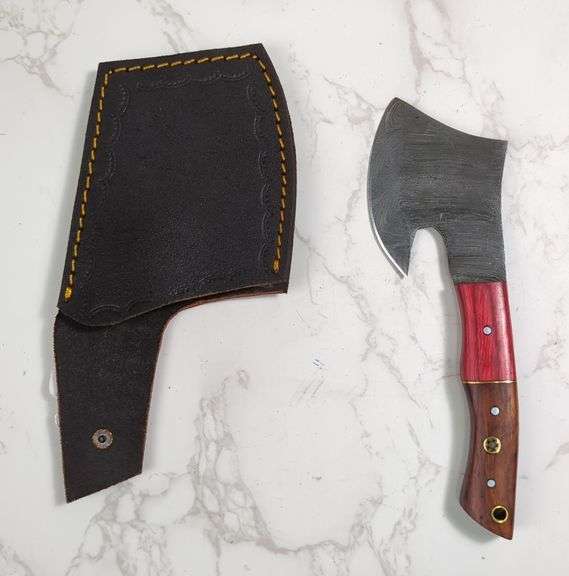 Custom Damascus Hatchet, 3" Blade, In Leather Sheath image