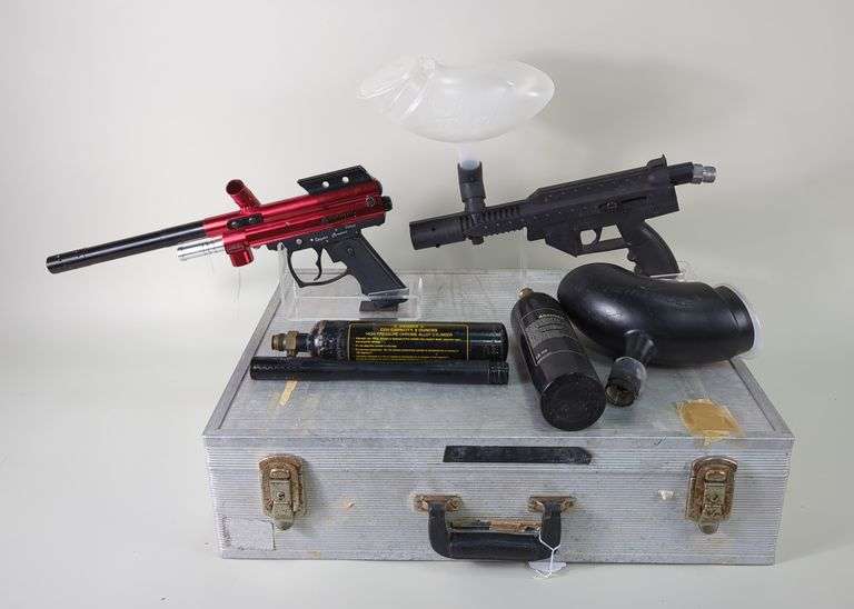Java Edition Spyder Compact Deluxe .68 Cal Semi Auto Paintball Gun, And Stingray Paintball Gun, Both Include Barrel, CO2 Canister, And Paintball Hopper, In Hard Case image