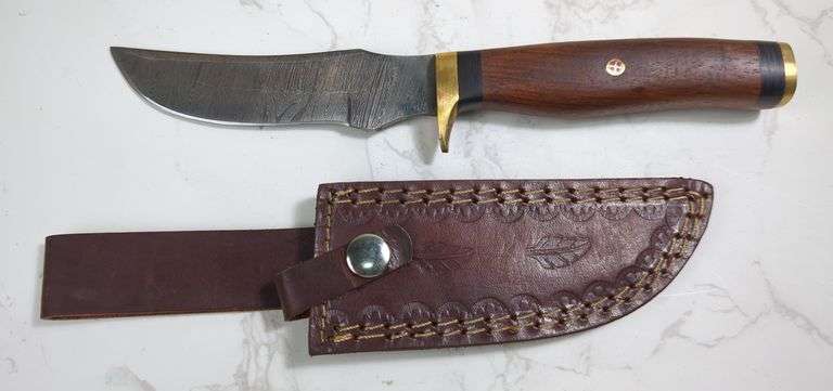 Custom Damascus Fixed Blade Knife, 5" Trailing Point Blade, In Tooled Leather Sheath image
