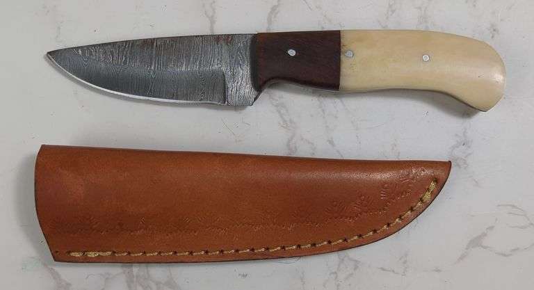 Custom Damascus Fixed Blade Knife, 3.5" Blade, In Tooled Leather Sheath image