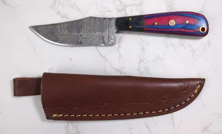 Custom Damascus Fixed Blade Knife, 4" Trailing Point Blade, In Tooled Leather Sheath image