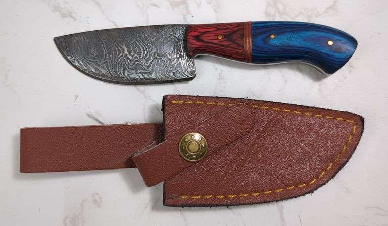Custom Damascus Fixed Blade Knife, 3" Blade, In Leather Sheath image