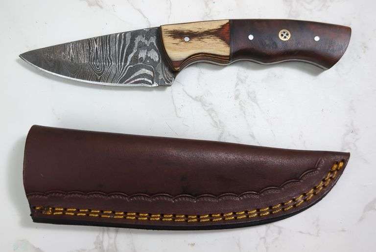 Custom Damascus Fixed Blade Knife, 3" Blade, In Tooled Leather Sheath image