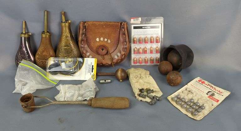 Black Powder And Muzzleloading Supplies, Includes Powder Flasks, Qty 3, Powerbelt .54 Cal Aerotip Bullets, CVA Ball/Bullet Starter, Ball Starter, Lead Melting Ladle, Lead Balls, Leather Possibles Bag, And More image