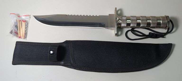 Clip Point Survival Knife With Sawback, Handle Holds Compass, Matches, Hooks, And More, 8" Blade, In Nylon Sheath image
