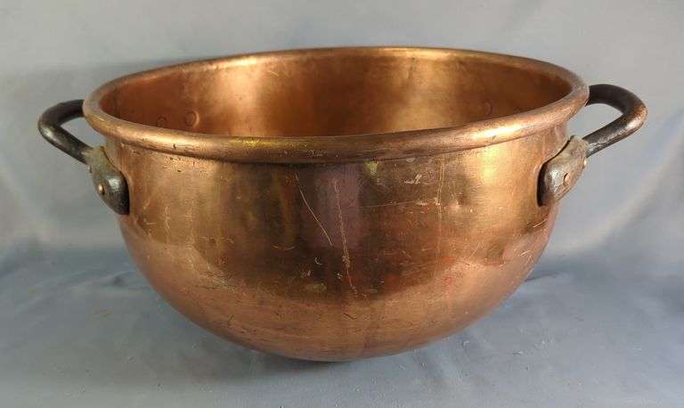 Vintage Hammered Copper Tempering Bowl With Cast Iron Handles image