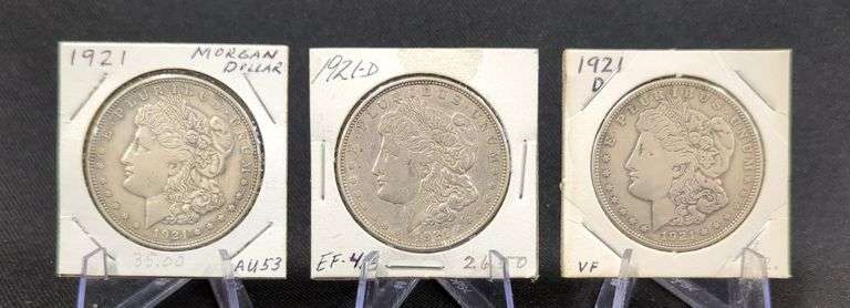 1921 And 1921 D, Qty 2, Morgan Silver Dollars, Total Qty 3 image