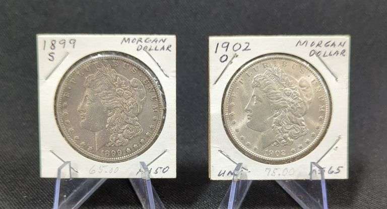 1899 S And 1902 O Morgan Silver Dollars image
