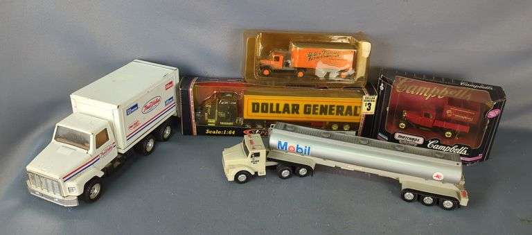 Diecast Model Trucks: Yellow Transit, Dollar General, Mobil, Campbell's image