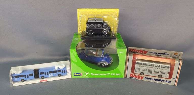 Diecast Car Revell Messerschmitt KR 200, Dinky Silver Jubilee Bus, Wiking Bus, Citroen 1953 Hearse image