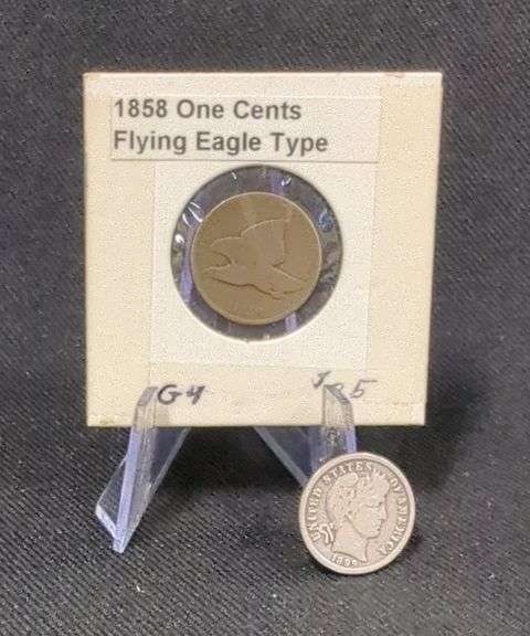 1858 Flying Eagle Penny And 1899 Barber Dime image