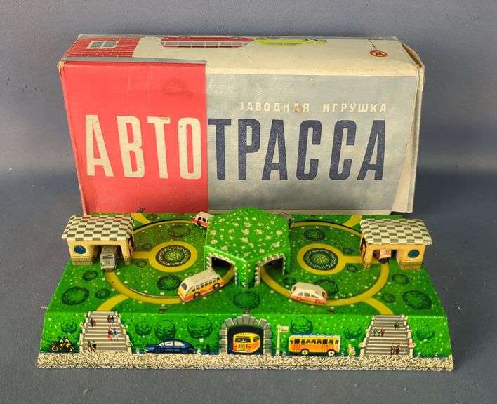 Vintage Soviet "Автотрасса" Tin Toy Wind-Up Car Track Set image