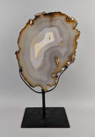 Brazilian Banded Agate Slice On Metal Display Stand, 13.75" Tall