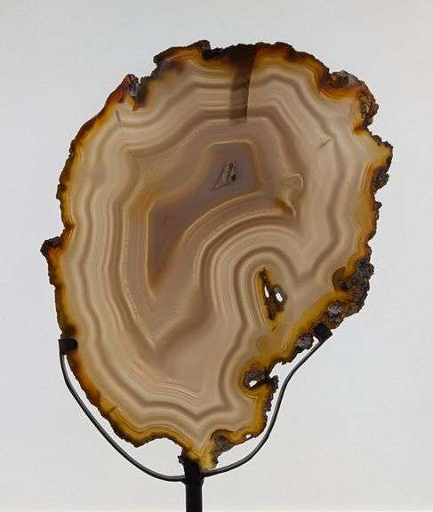 Brazilian Banded Agate Slice On Metal Display Stand, 13.75" Tall