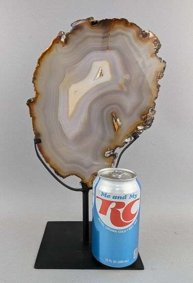 Brazilian Banded Agate Slice On Metal Display Stand, 13.75" Tall