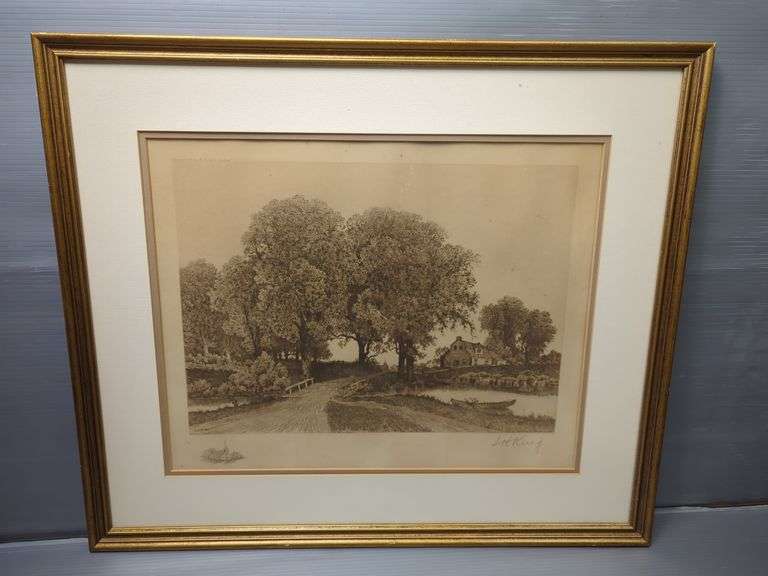 L.H. King Countryside Scene Lithograph, Framed With Double Matte, 23.5" x 27.5"