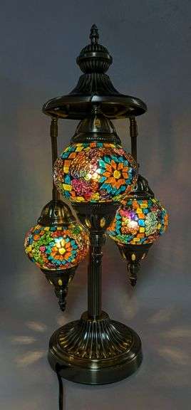Turkish Mosaic Bronze Finish Table Lamp With 3 Hanging Globes, 22.25" Tall