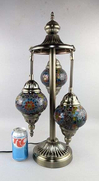 Turkish Mosaic Bronze Finish Table Lamp With 3 Hanging Globes, 22.25" Tall