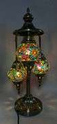 Turkish Mosaic Bronze Finish Table Lamp With 3 Hanging Globes, 22.25" Tall