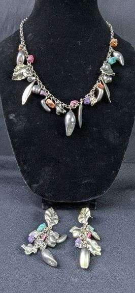 Statement Necklace and Earrings with Stones and Metal Elements