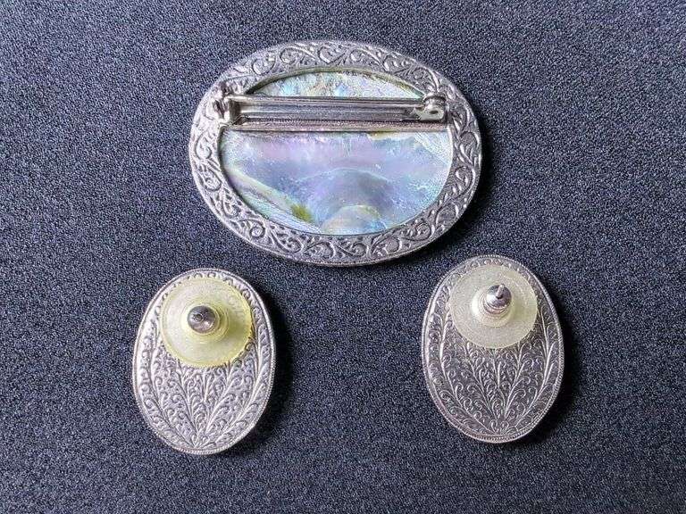 Abalone Shell Brooch and Earring Set