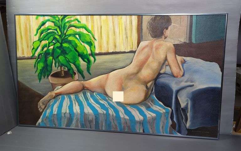 Marvin W Litman Portrait Of A Woman Resting Original Oil On Canvas, Signed And Framed, 24.25" x 42.5", Mature Audience See Additional Photos