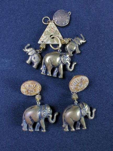 Elephant Themed Brooch and Earrings Set