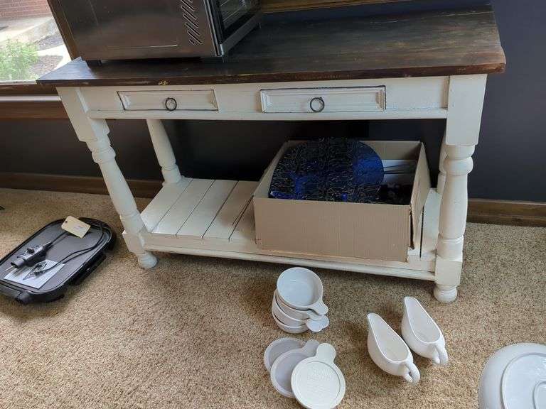 Antique Farm House Distressed Console Table with Drawers and Lower Slat Shelf