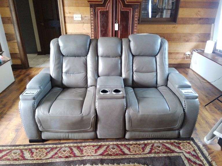 Powered 2-Seat Leather Home Theater Recliner with Console