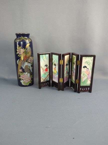 Original Artmark Asian Inspired Vase And Miniature Folding Screen