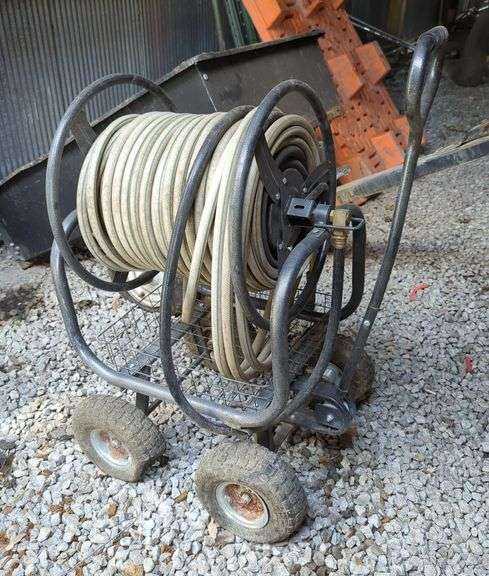 Portable Rolling Garden Hose Reel Cart with Hose, Tires Need Repair