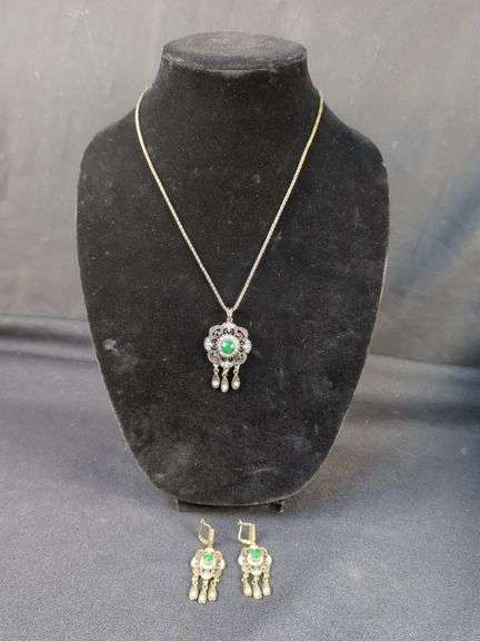 Gold Tone Necklace and Earring Set with Green and White Accents