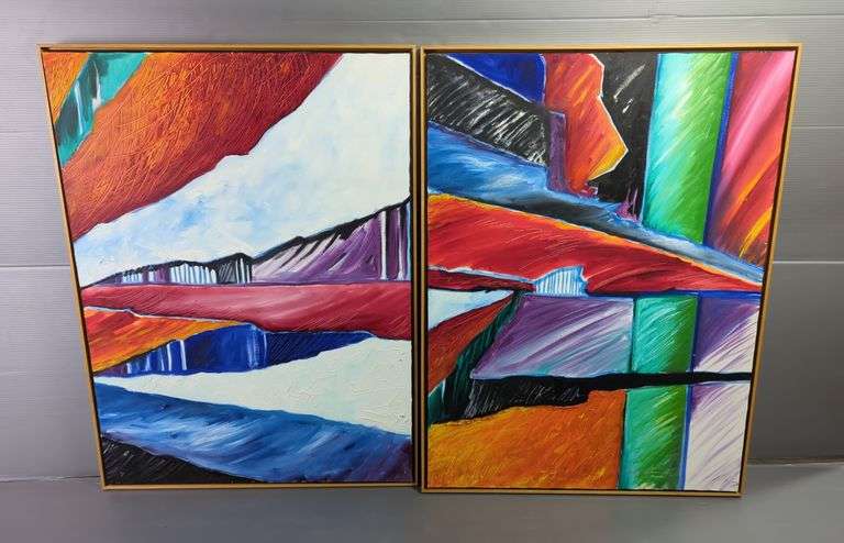 Randy Rudman Original Contemporary Oil On Canvas, One Is Signed, Framed, 41" X 31", Qty 2, Some Water Damage