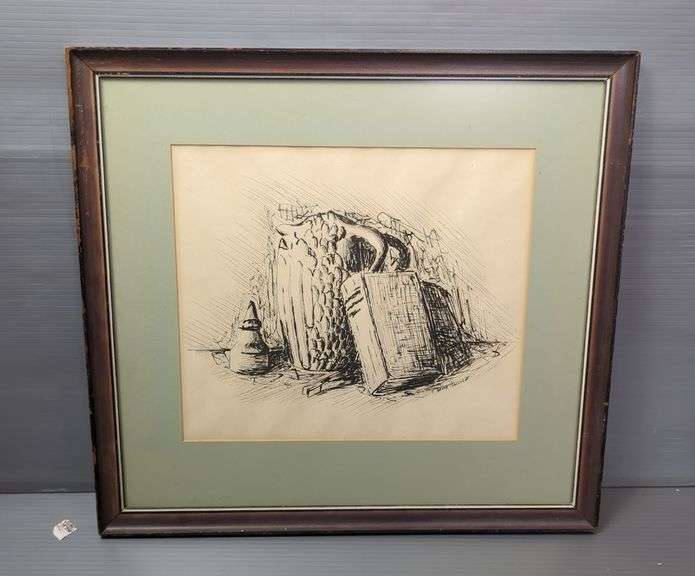 Print Of Still Life Sketch, Marked T. Mark Tallohirt, Framed And Matted, 18" x 19.5"