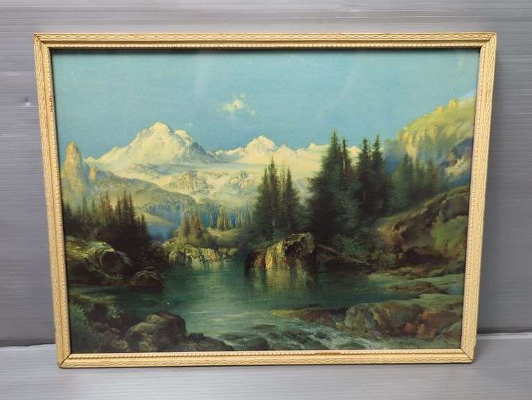 Moran (England 1837-1926) Mountain Landscape Print, Framed, 12.75" x 15.5"