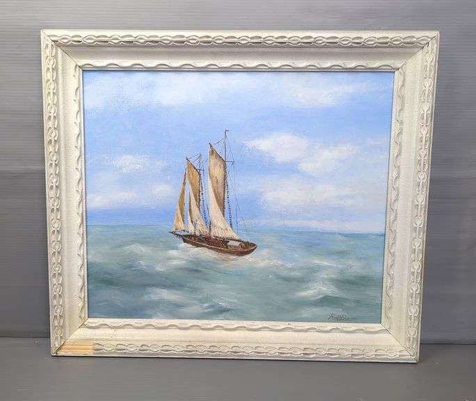 Fred B. Duncan 'Sailboat' Oil On Canvas Board, Signed And Framed, 25" x 29", Frame Has Damage