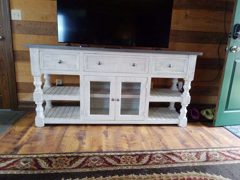 Distressed Farmhouse 3-Drawer Media Console Table With Glass Doors and Shelving
