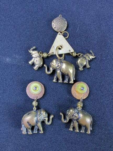 Elephant Themed Brooch and Earrings Set